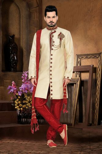 Antique Look Cream Color Royal Sherwani For Wedding