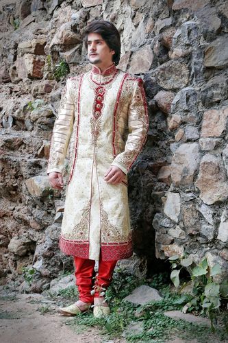 Extravagant Banarasi Mens Beige Color Royal Sherwani