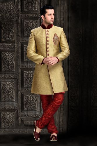 Impress Your Self Chinese Collar Cream Royal Sherwani