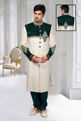 Enrapturing Green Cream Designer Unique Collectionroyal Sherwani