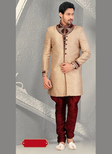 Sprting Ethnic Look Beige Color Sherwani