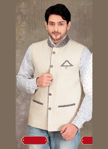 Striking Look Beige Color Jute Nehru Jacket