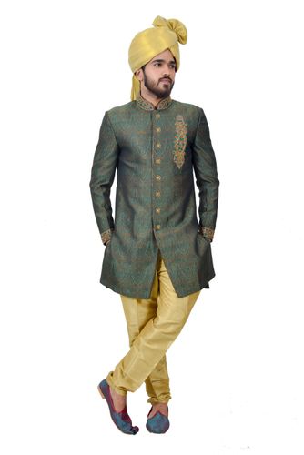 Deepjunglegreen Zaribrocadesilk Indowestern Sherwani
