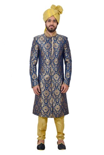 Blue Kinkhabbrocadesilk Indowestern Sherwani