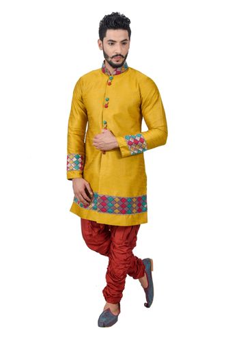 Goldenyellow Artsilk Indowestern Sherwani