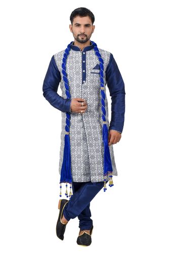 Blue Cottanbrocadesilk Indowestern Sherwani