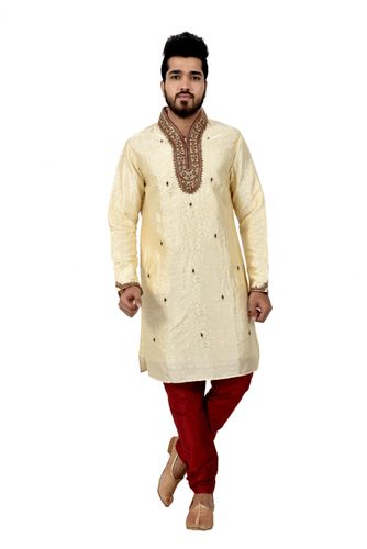 Cream Brocadesilk Kurta Pyjama