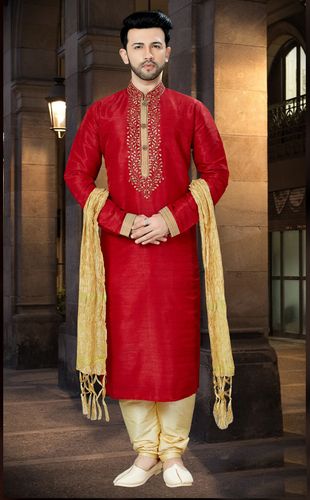 Royal Elegant Look Red Color Kurta Payjama For Men