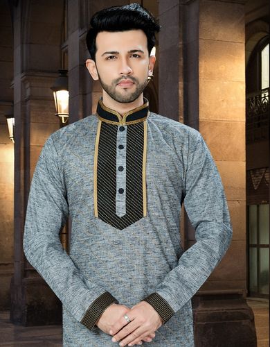 Extra Ordinary Look Black And Grey Khadi Kurta