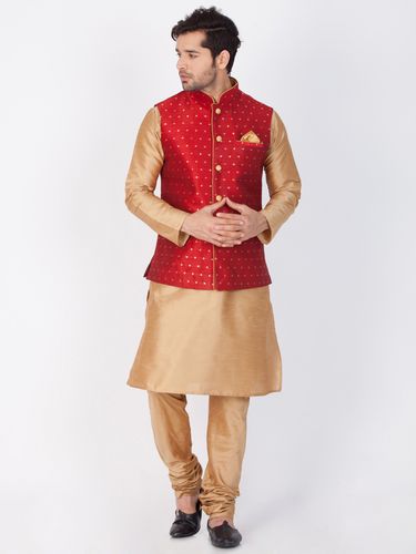 Gold Kurta Pajama With Bright Maroon Jacket
