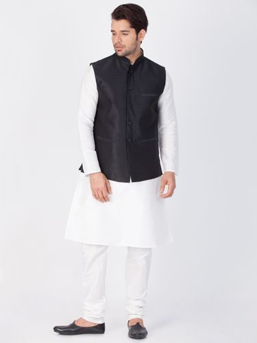 White Kurta Pajama With Black Jacket