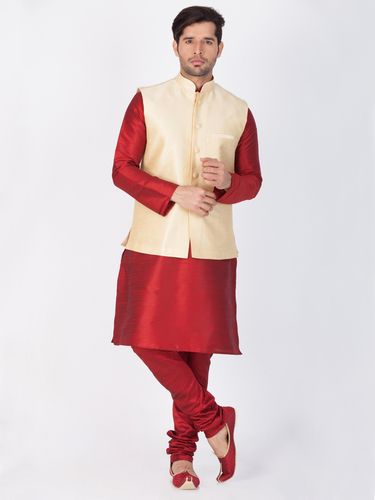 Maroon Kurta Pajama With Gold Jacket