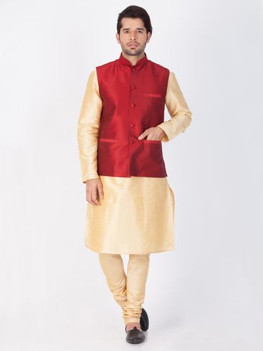 Gold Kurta Pajama With Maroon Jacket