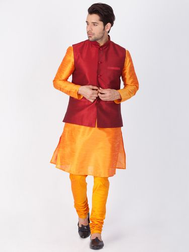 Orange Kurta Pajama With Maroon Jacket