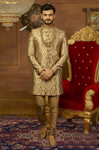 Prince Look Golden Jaqurd Silk Indo Western Sherwani
