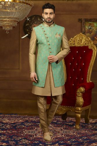 Sea Green Gold 3 Piece Indo Western Sherwani