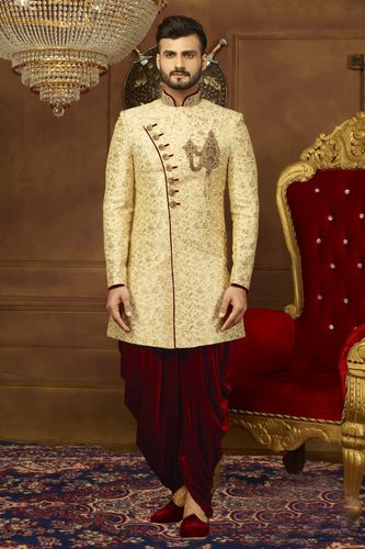 Alluring Cream And Maroon Silk Indo Western Sherwani