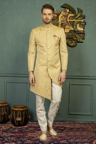Purely Traditional Golden Asymmetrical Indo Western Sherwani