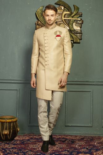 Imported Jaqurd Asymmetrical Beige Indo Western Sherwani
