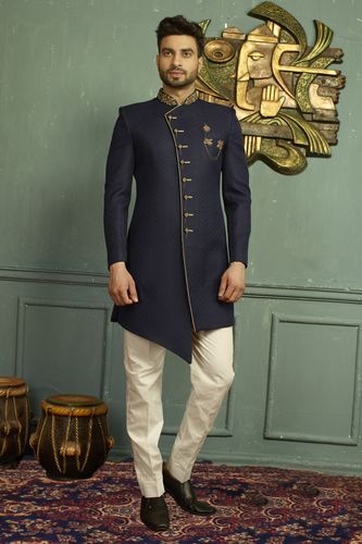 Asymmetrical Blue Indo Western Sherwani