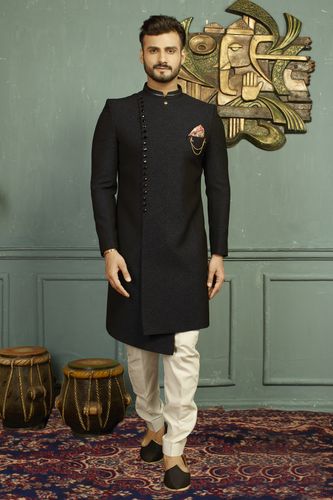 Asymmetrical Black And Blue Indo Western Sherwani