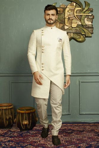 Neutral Brocade Asymmetrical Indo Western Sherwani