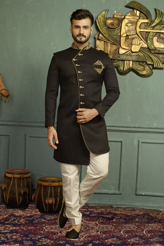Jaqurd Asymmetrical Black Elegant Look Indo Western Sherwani
