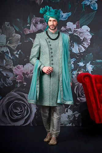 Sea Green Silk Wedding Sherwani