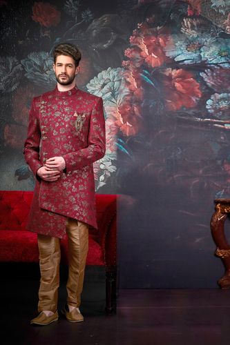 Asymmetrical Groom Wine Wedding Sherwani