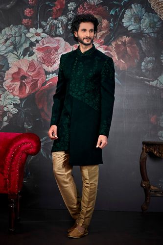 Dark Green Asymmetrical Designer Wedding Sherwani
