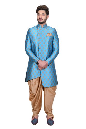 Magnetic Blue Silk Indo Western Sherwani