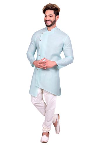 Cyan Asymmetrical Cotton Indo Western Sherwani