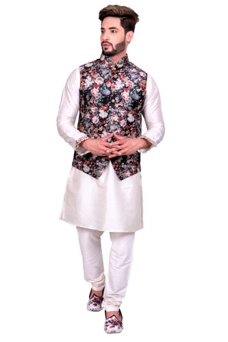 Traditional Off White Kurta Set With Black Multi Floral Print Jacket