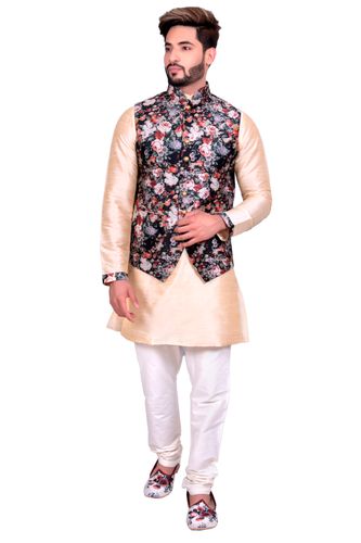 Beige Kurta Set With Black Multi Floral Print Silk Jacket