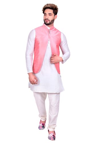 Pretty Look Off White Kurta Set With Light Pink Silk Jacket