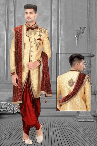 Rich Royal Look Gold Maroon Wedding Sherwani