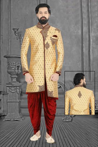 Golden Asymmetrical Wedding Dhoti Sherwani