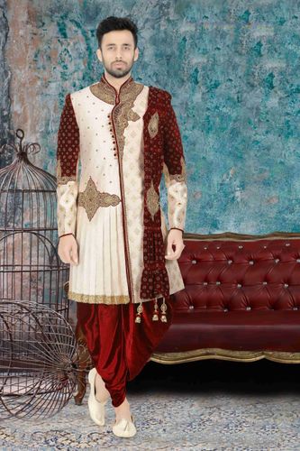 Marvellous Cream Maroon Wedding Dhoti Sherwani