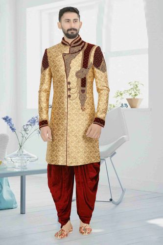 Rich Look Gold Maroon Wedding Dhoti Sherwani