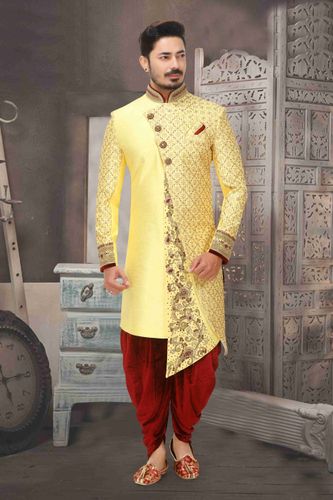 Asymmetrical Yellow Wedding Sherwani With Dhoti