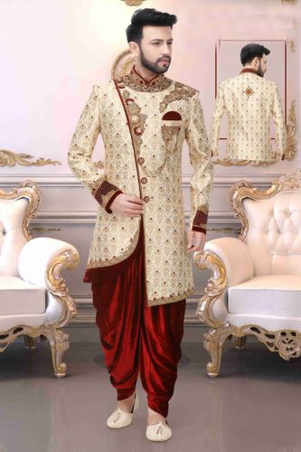 Beige And Maroon Asymmetrical Dhoti Sherwani