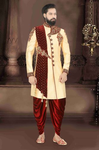 Elegant Look Cream Maroon Dhoti Sherwani