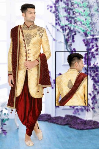 Trendy Apple Cut Gold Maroon Wedding Sherwani