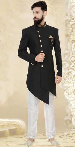 Youthful Black Silk Asymmetrical Indo Western Sherwani