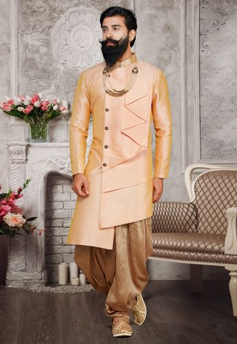 Asymmetrical Modern Peach Silk Indo Western Sherwani