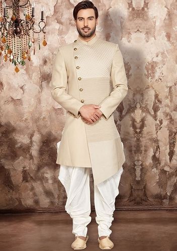 Beautiful Beige Indo Western Sherwani With Quilting Pattern