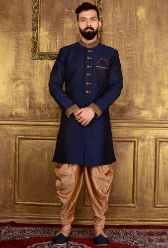 Ideal Navy Blue Silk Indo Western Sherwani
