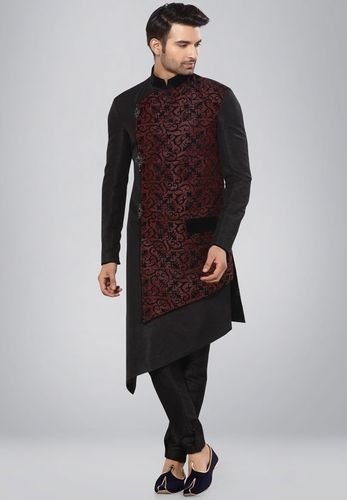 Designer Asymmetrical Black And Marron Indo Western Sherwani