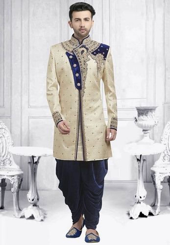 Designer Cream And Blue Brocade Indo Western Sherwani