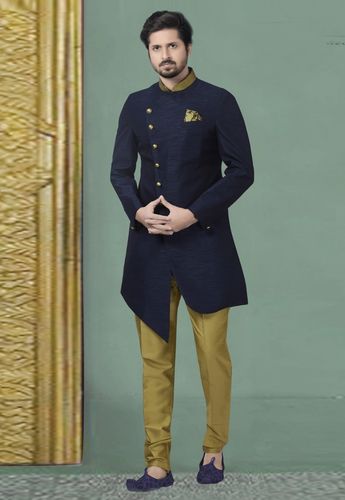 Asymmetrical Designer Navy Blue Silk Indo Western Sherwani